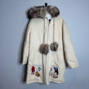 Vintage Northern Sun Wool Parka Coat Womens L Fur Trim Hood Alaska Inuit Arctic